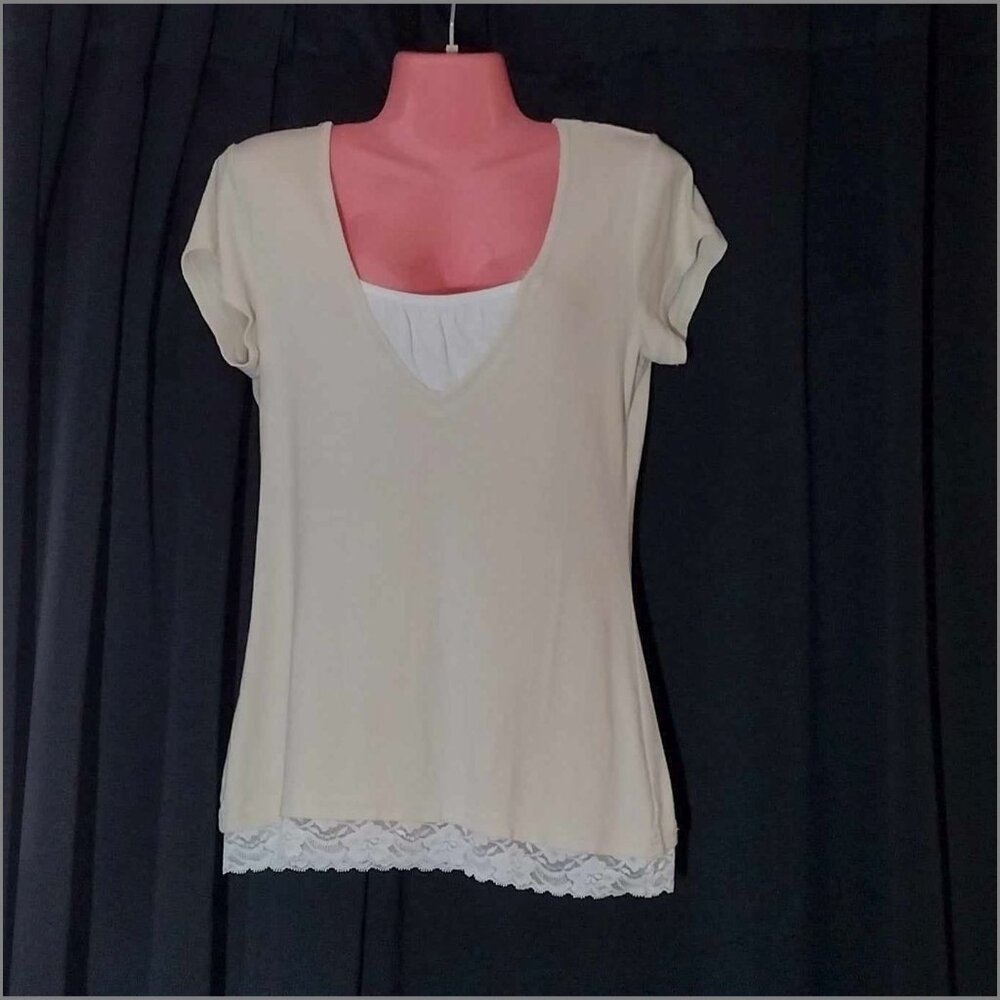 Small Beige Short Sleeve V Neck Top with White Lace Trim